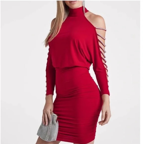 Venus Vibrant Red Cold Shoulder Rhinestone Embellished Mini Dress  -Size M - Picture 1 of 7